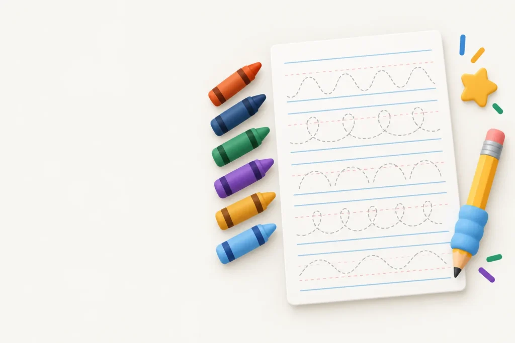 Illustration of handwriting practice paper with dotted tracing strokes, crayons and a pencil with a grip