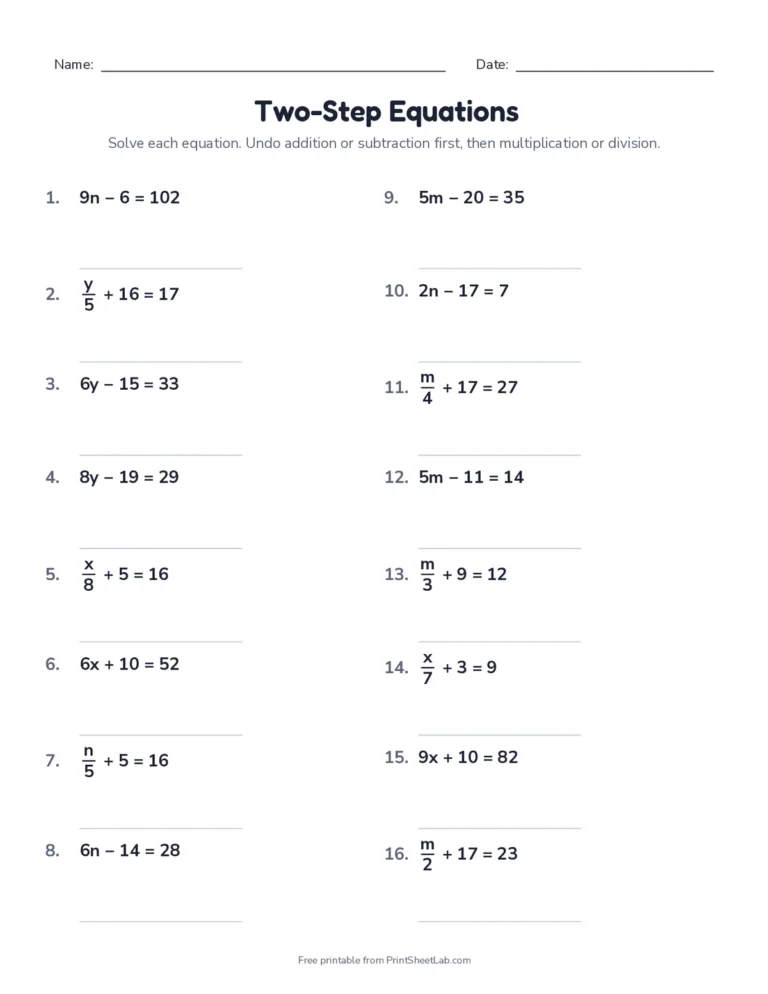 Two-step equations: whole numbers worksheet with answer key