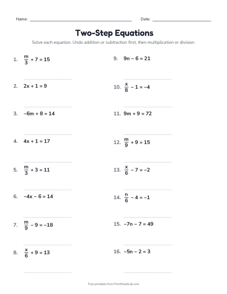 Two-step equations with negatives worksheet with answer key