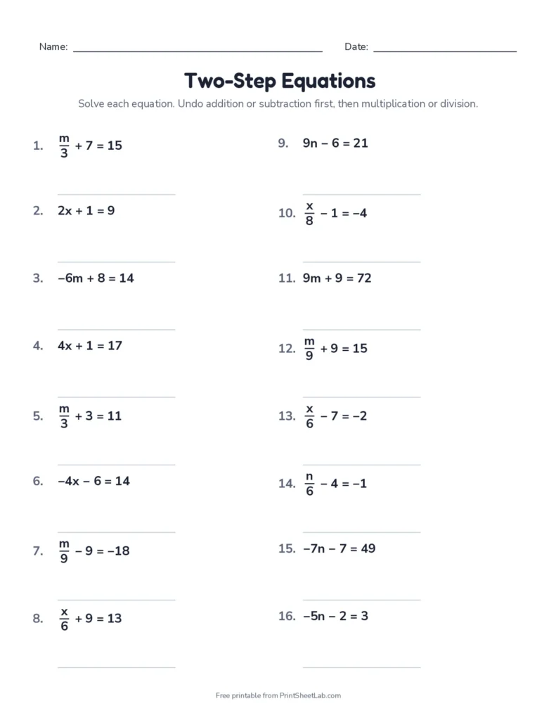 Two-step equations with negatives worksheet with answer key