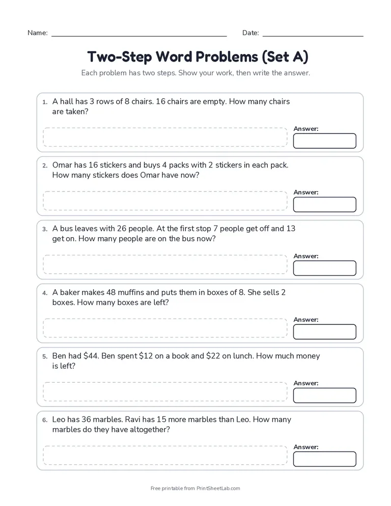 Two-Step Word Problems (Set A) printable worksheet for grades 3 and 4