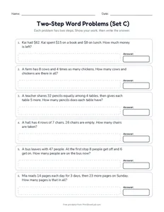 Two-Step Word Problems (Set C) printable worksheet for grades 3 and 4