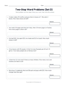 Two-Step Word Problems (Set D) printable worksheet for grades 3 and 4