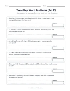 Two-Step Word Problems (Set E) printable worksheet for grades 3 and 4