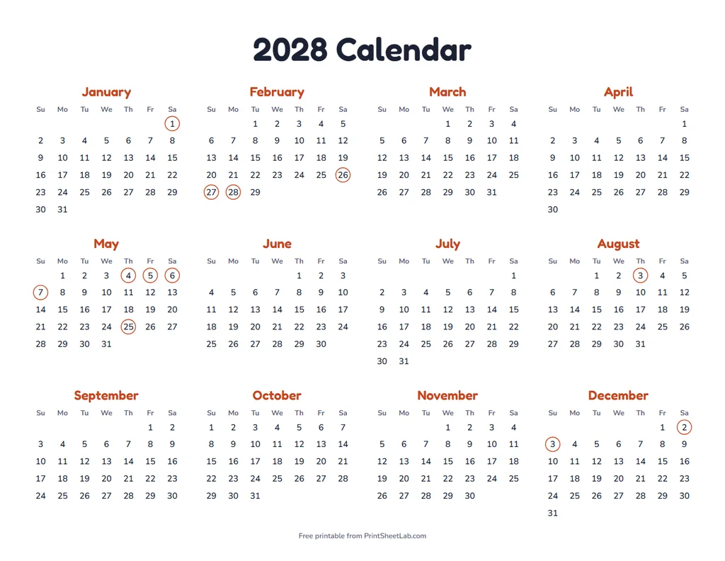 UAE Public Holidays 2028 in the tomato color theme
