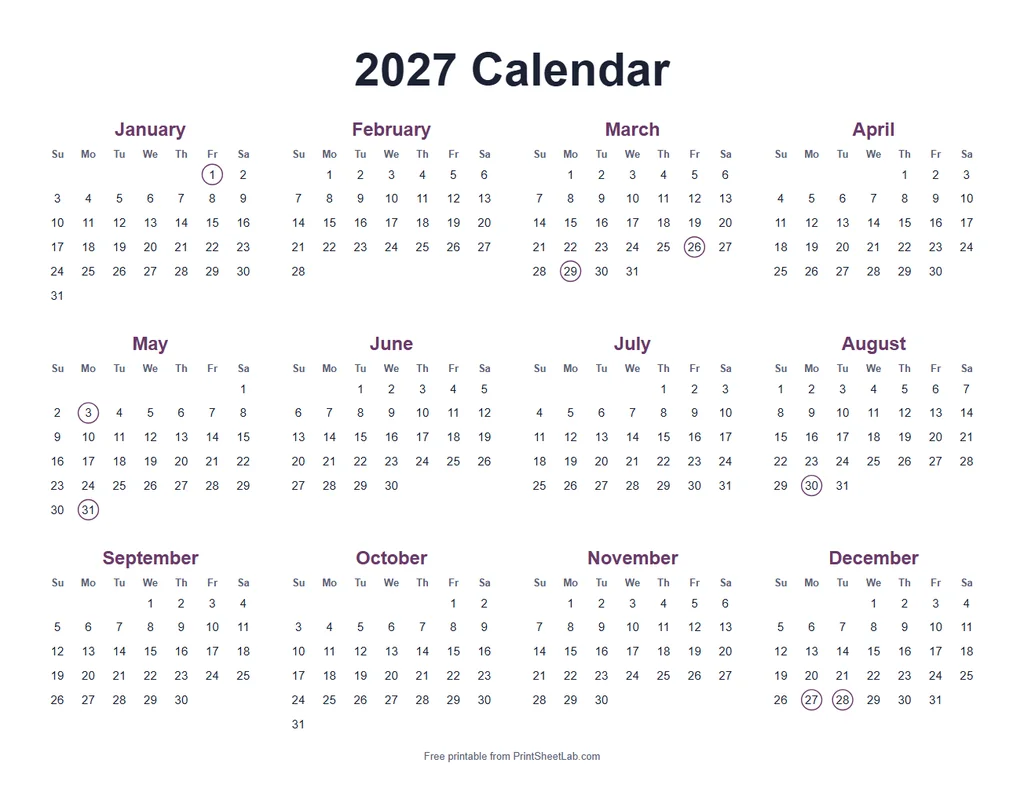 UK Bank Holidays 2027 in the plum color theme