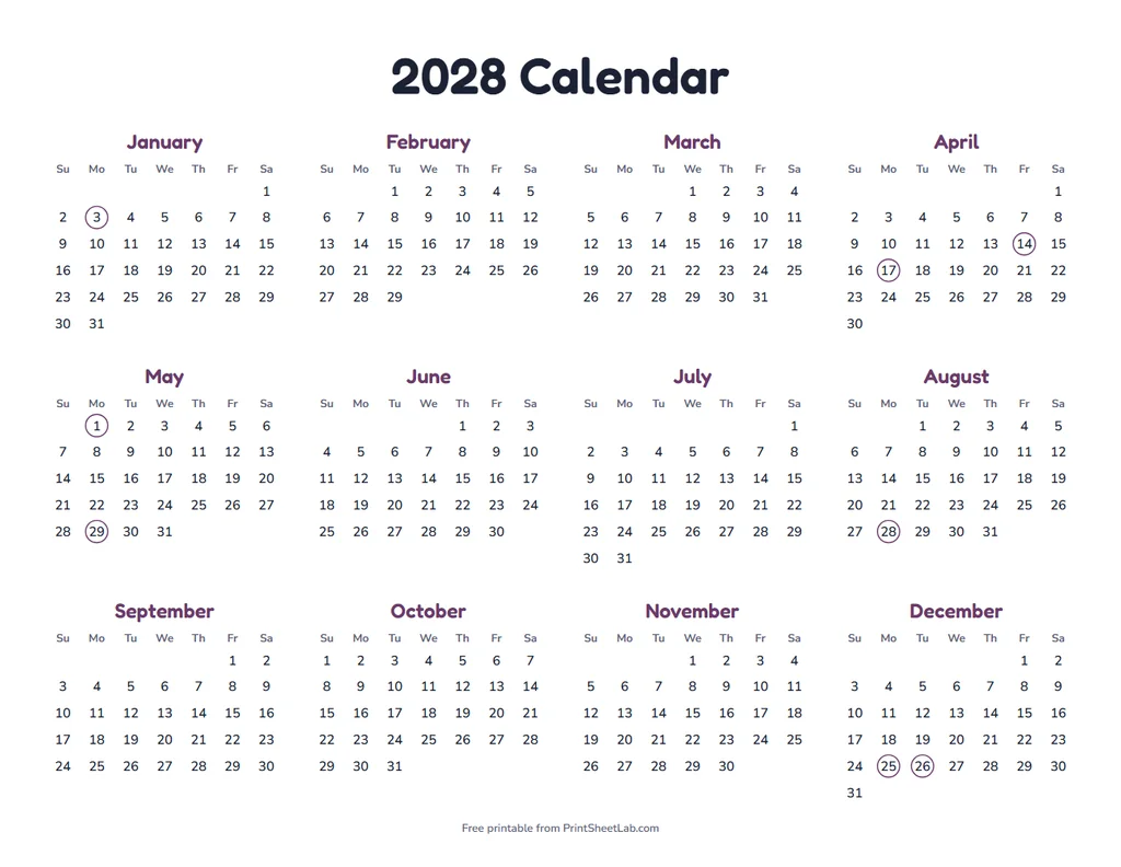UK Bank Holidays 2028 in the plum color theme