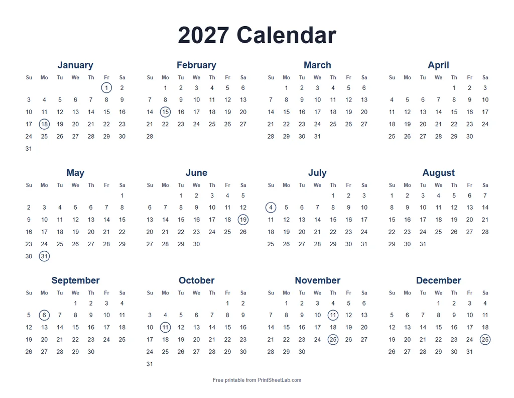 US Federal Holidays 2027 in the navy color theme