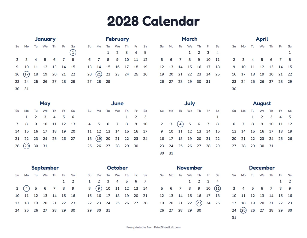 US Federal Holidays 2028 in the navy color theme