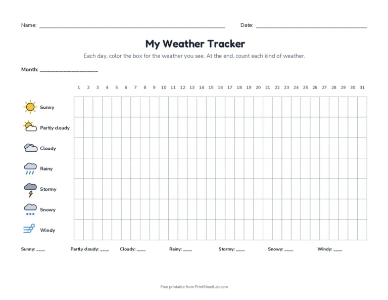 Printable monthly weather tracker chart with weather symbols and 31 days
