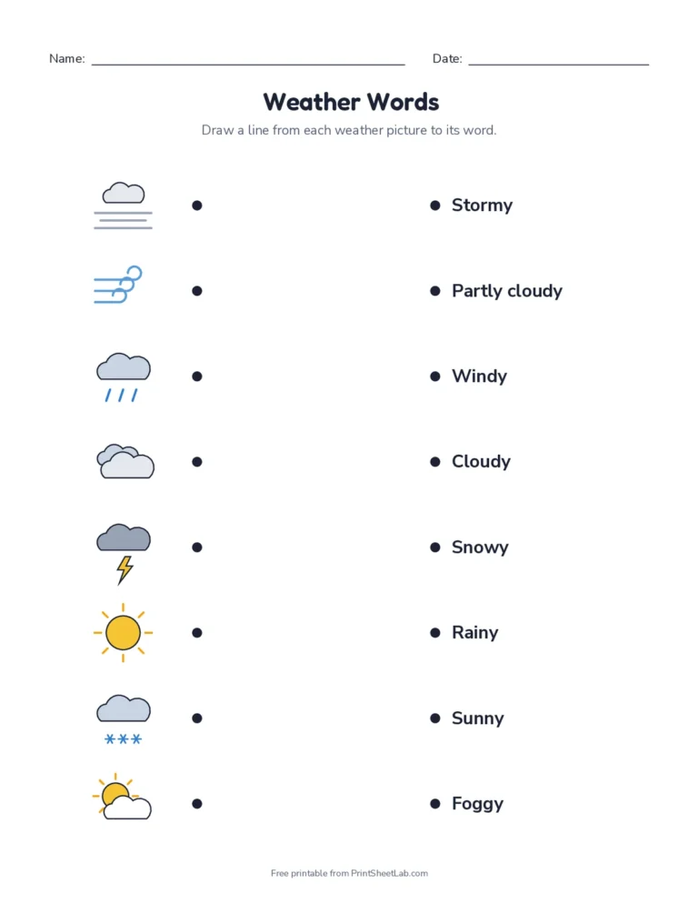 Weather worksheets: monthly weather tracker, weather words matching and weather journal