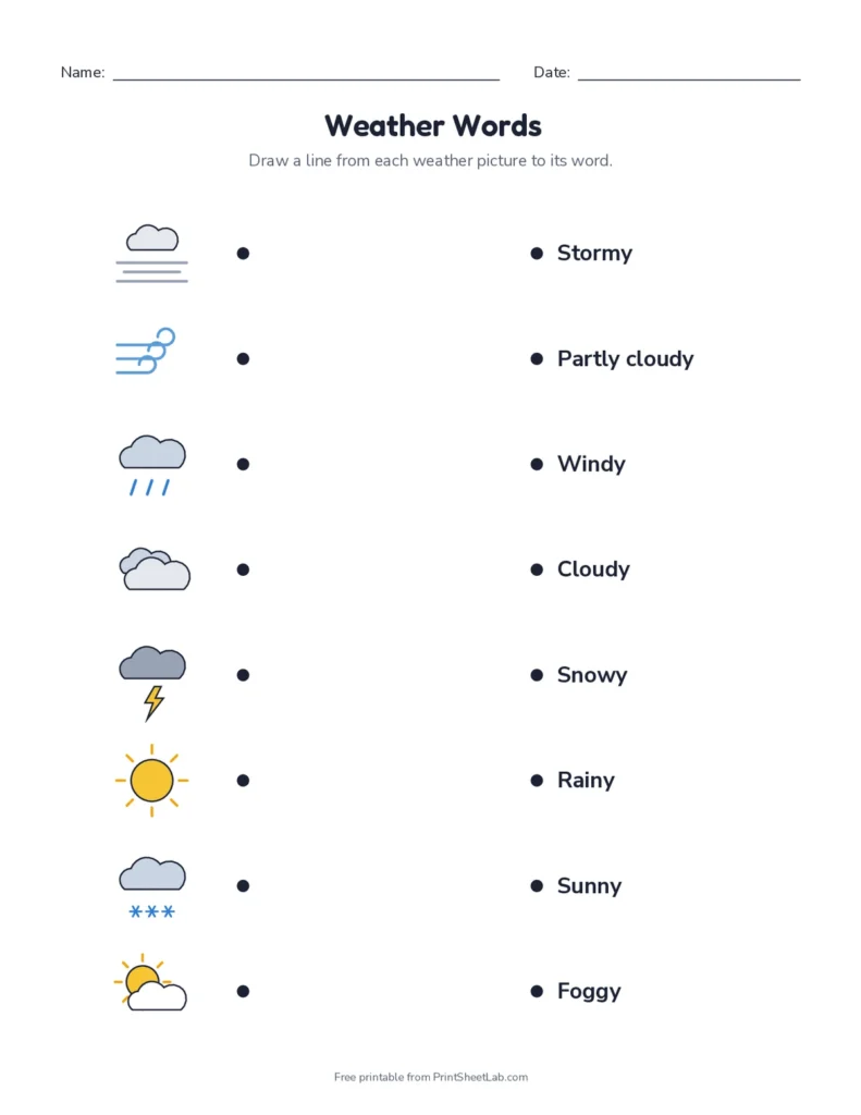 Weather worksheets: monthly weather tracker, weather words matching and weather journal
