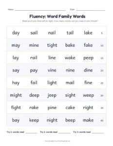 Fluency Grid: Long Vowel Words printable worksheet for grades 1 and 2