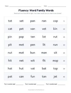 Fluency Grid: Mixed Short Vowels printable worksheet for kindergarten and grade 1
