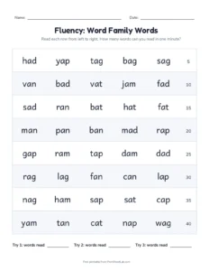 Fluency Grid: Short A Words printable worksheet for kindergarten and grade 1