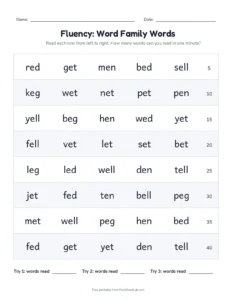 Fluency Grid: Short E Words printable worksheet for kindergarten and grade 1