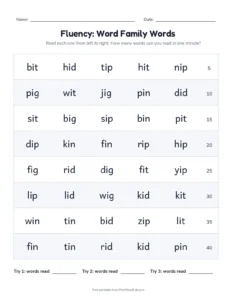 Fluency Grid: Short I Words printable worksheet for kindergarten and grade 1