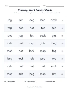 Fluency Grid: Short O Words printable worksheet for kindergarten and grade 1
