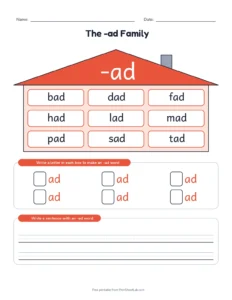 -ad Word Family House printable worksheet for kindergarten and grade 1