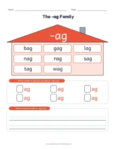 -ag Word Family House printable worksheet for kindergarten and grade 1