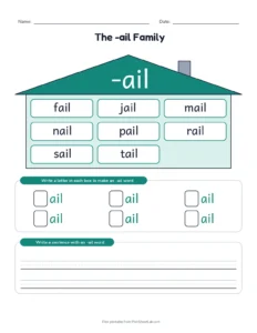 -ail Word Family House printable worksheet for grades 1 and 2