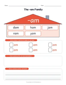 -am Word Family House printable worksheet for kindergarten and grade 1