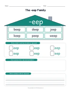 -eep Word Family House printable worksheet for grades 1 and 2