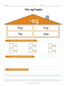-eg Word Family House printable worksheet for kindergarten and grade 1