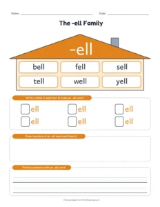 -ell Word Family House printable worksheet for kindergarten and grade 1
