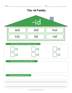 -id Word Family House printable worksheet for kindergarten and grade 1