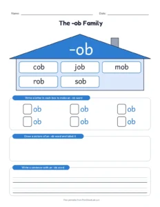 -ob Word Family House printable worksheet for kindergarten and grade 1
