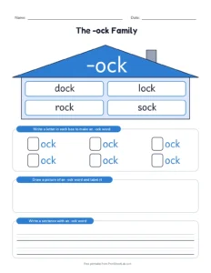 -ock Word Family House printable worksheet for kindergarten and grade 1