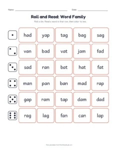 Roll and Read: Short A printable worksheet for kindergarten and grade 1