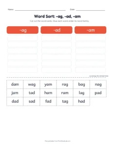 Word Family Sort: -ag, -ad, -am printable worksheet for kindergarten and grade 1