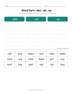 Word Family Sort: -ake, -ail, -ay printable worksheet for grades 1 and 2