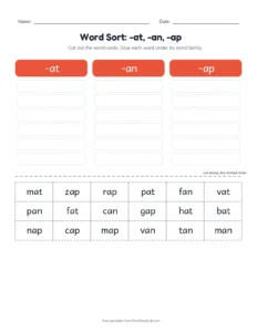 Word Family Sort: -at, -an, -ap printable worksheet for kindergarten and grade 1