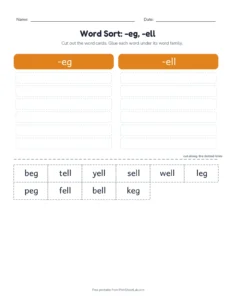 Word Family Sort: -eg, -ell printable worksheet for kindergarten and grade 1