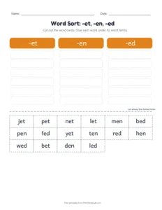Word Family Sort: -et, -en, -ed printable worksheet for kindergarten and grade 1
