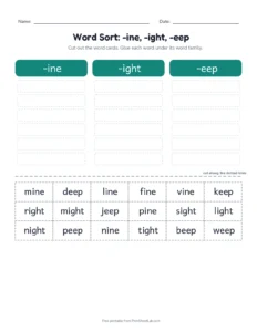 Word Family Sort: -ine, -ight, -eep printable worksheet for grades 1 and 2