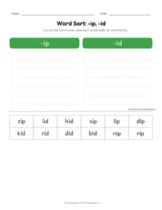 Word Family Sort: -ip, -id printable worksheet for kindergarten and grade 1
