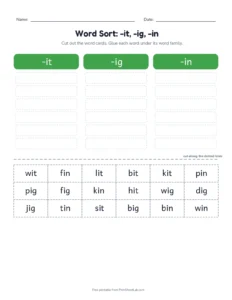 Word Family Sort: -it, -ig, -in printable worksheet for kindergarten and grade 1