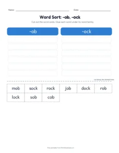 Word Family Sort: -ob, -ock printable worksheet for kindergarten and grade 1