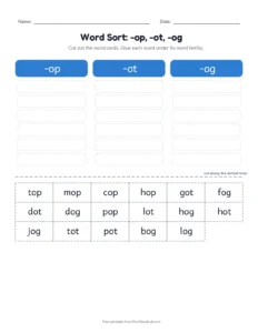 Word Family Sort: -op, -ot, -og printable worksheet for kindergarten and grade 1