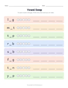 Vowel Swap printable worksheet for kindergarten and grade 1