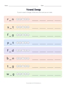 Vowel Swap (Set B) printable worksheet for kindergarten and grade 1