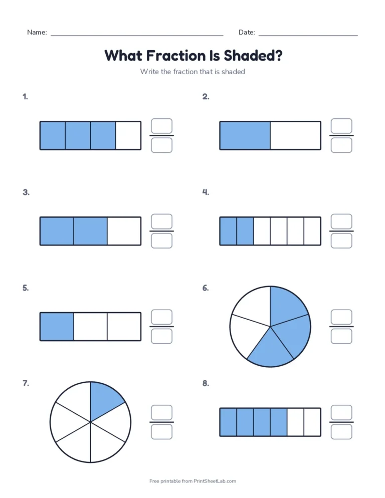 Worksheet: write the fraction shown by each shaded bar or circle, with answer key