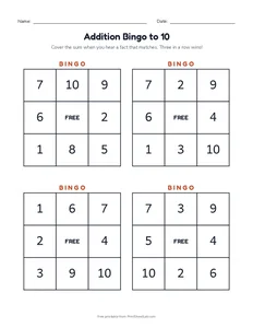 Addition Bingo to 10 printable worksheet for kindergarten and grade 1
