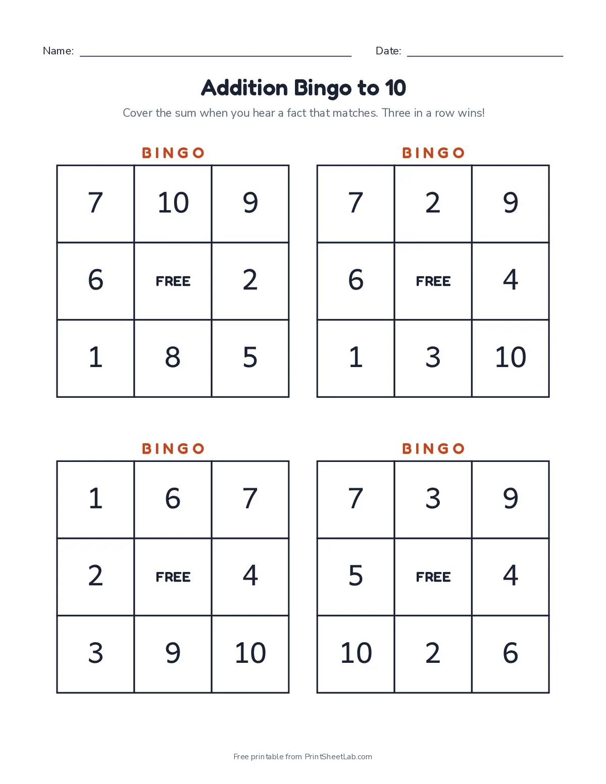 kindergarten addition worksheets: bingo to 10