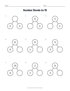 Number Bonds to 10 printable worksheet for kindergarten and grade 1