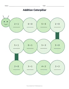Addition Caterpillar printable worksheet for kindergarten and grade 1